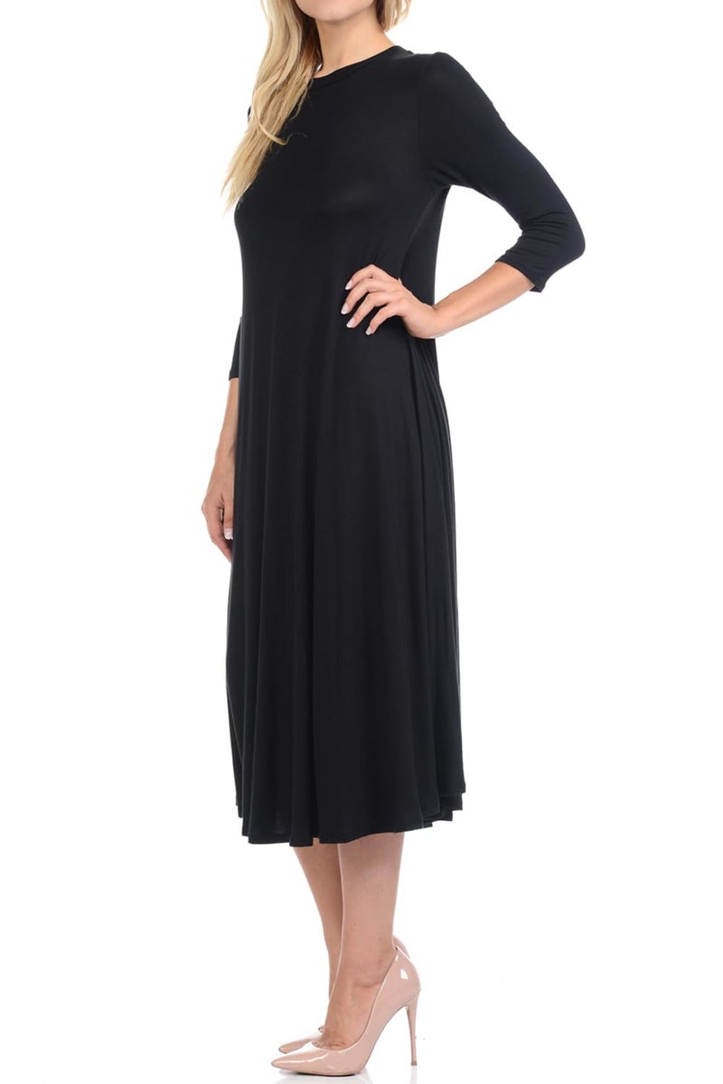 iconic luxe Women's Swing Midi Dress â€“ 3/4 Sleeve Flowy A-Line Tunic â€“ Soft, Stretchy, Comfortable, and Versatile Casual Dress for Everyday Wear Medium Black - Image 3